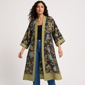 Handprint Cotton Boho Kimono Duster Robe Bird Floral Print OS Black